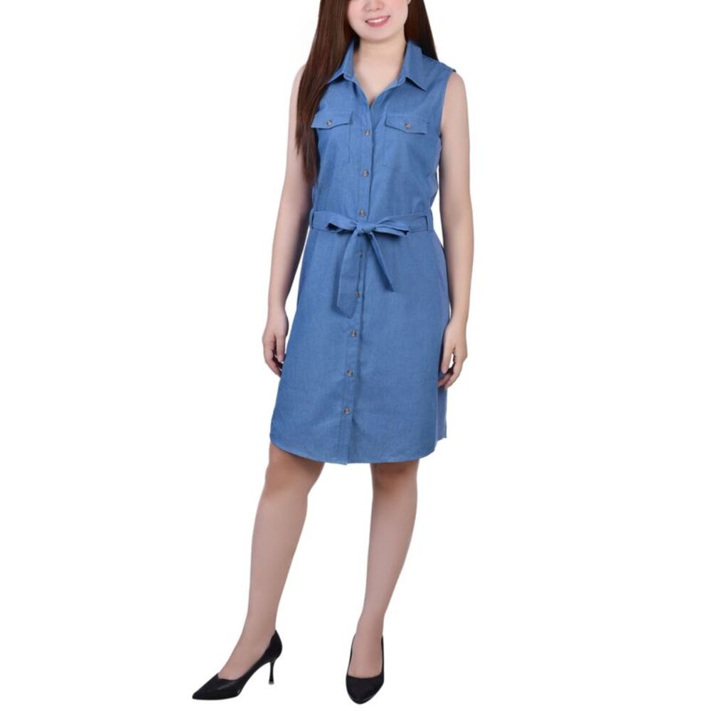 NY Collection Petite Sleeveless Belted Denim Dress